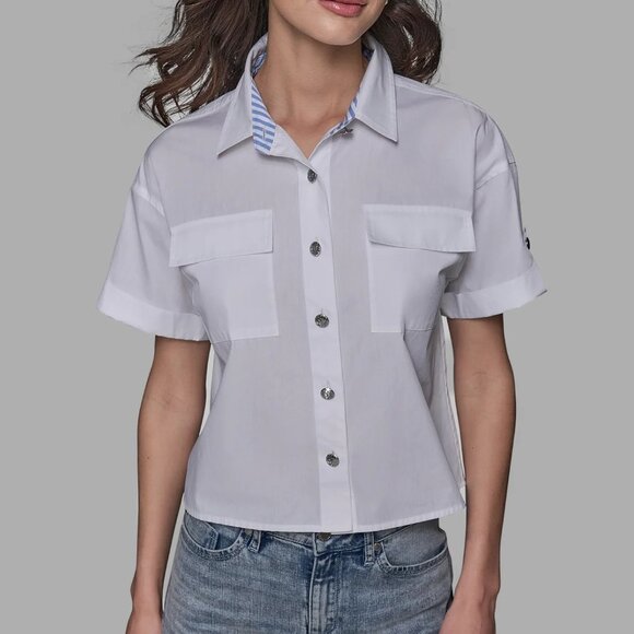 KARL LAGERFELD PARIS Limited Edition Poplin Short Sleeve Button Top Shirt Crop - Picture 3 of 6